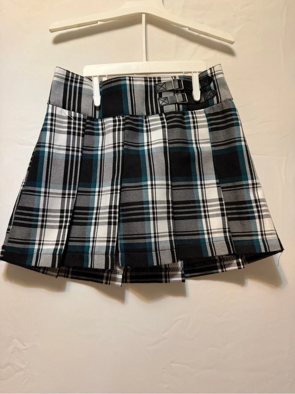 Justice Teal Black White Plaid Pleated Mini Skirt